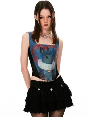 Black tiered lace mini skirt styled with a fitted rabbit print corset top and pearl choker for a Y2K streetwear outfit