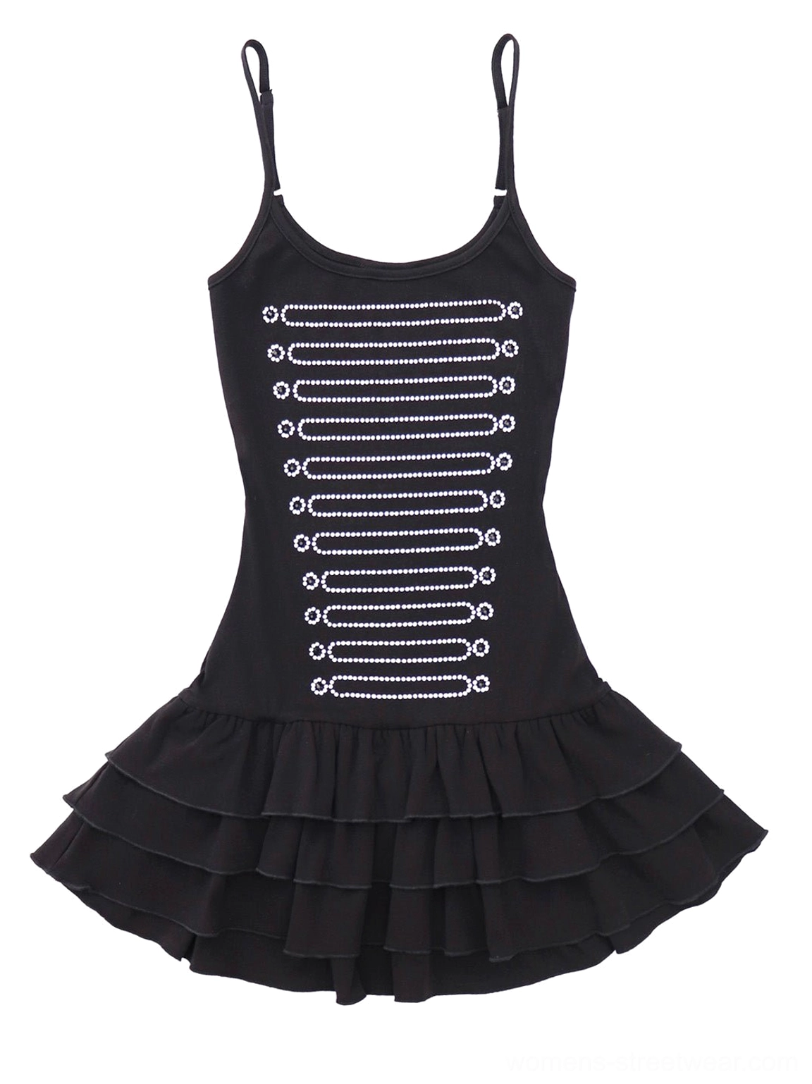 Black tiered rhinestone spaghetti strap mini dress with silver front embellishments and layered ruffle hem displayed flat