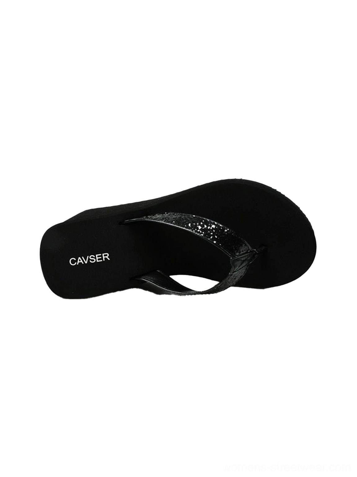 Black toe-ring platform wedge flip-flops flat lay showing the thick rubber platform sole and sequin strap