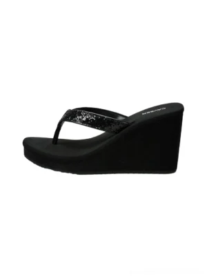 Black toe-ring platform wedge flip-flops for women with glitter sequin strap and thick rubber sole side view