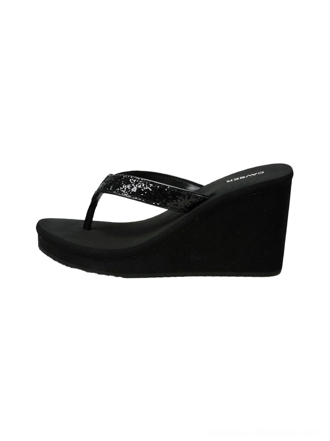 Black toe-ring platform wedge flip-flops for women with glitter sequin strap and thick rubber sole side view