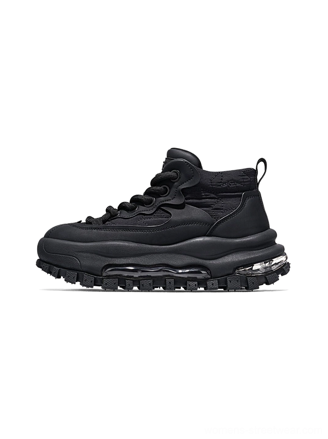 Black trail platform sneakers left side profile with textured matte upper, air cushion midsole and chunky lug sole