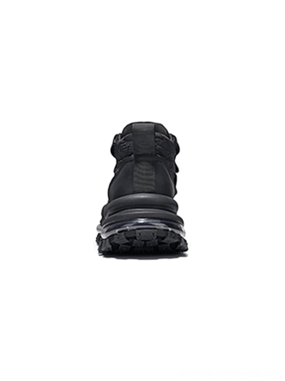 Black platform trail sneakers rear view featuring heel pull tab, enclosed heel counter and stacked sole