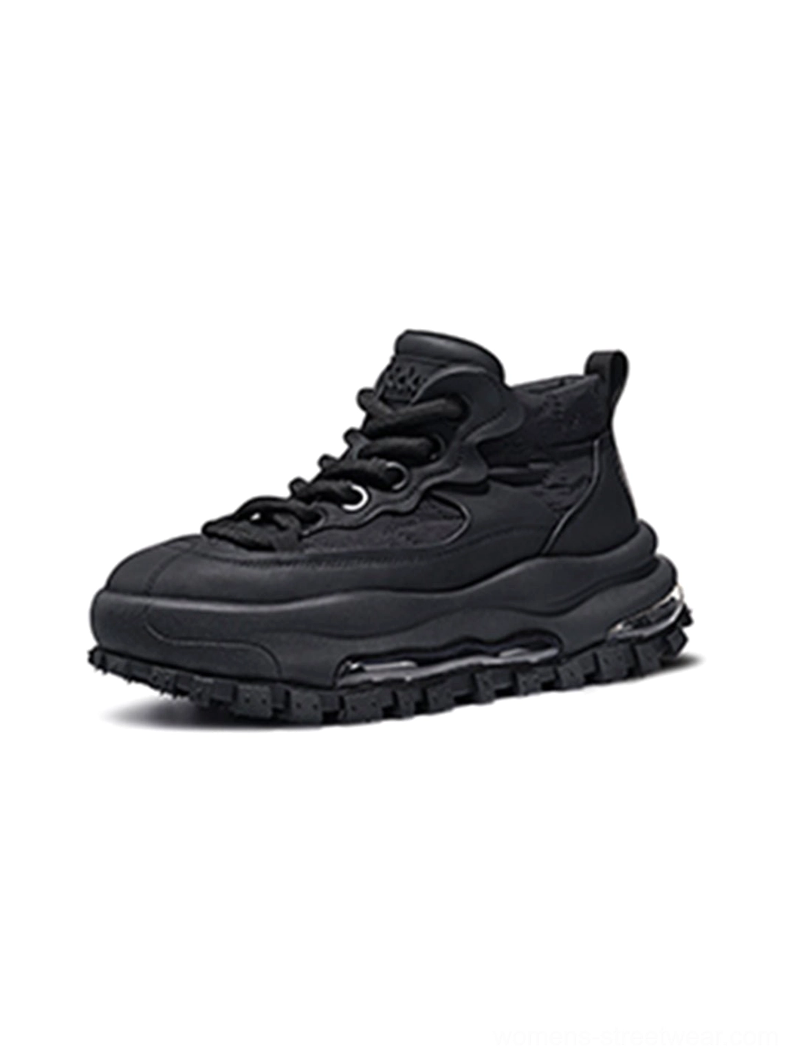 Black mid-top trail platform sneakers right side view showing padded ankle collar and sculptural chunky outsole