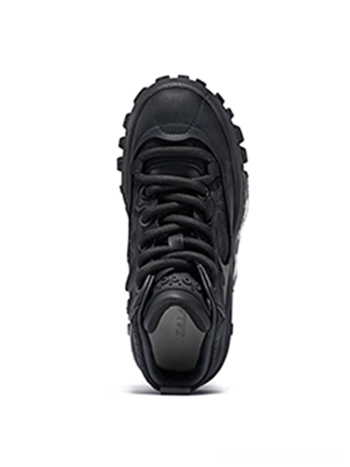 Black trail platform sneakers top front view with lace-up closure, textured toe cap and deep lug outsole