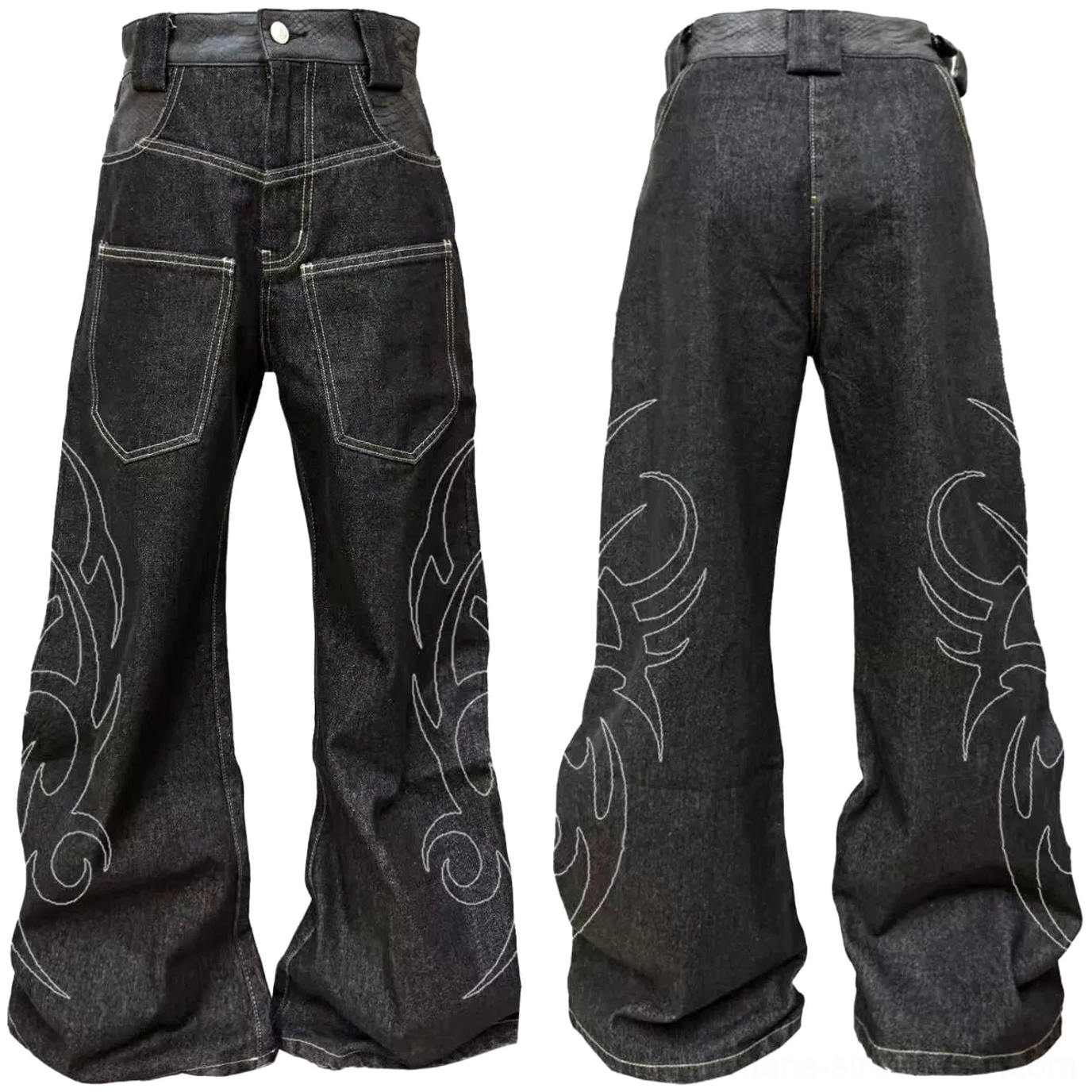 Flat lay front and back view of black tribal flame jeans with white embroidery on both legs, multiple pockets, waistband, and button fly