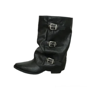 Black triple-buckle slouch mid-calf boots with pointed western toe, silver buckle straps, low block heel, and relaxed streetwear silhouette