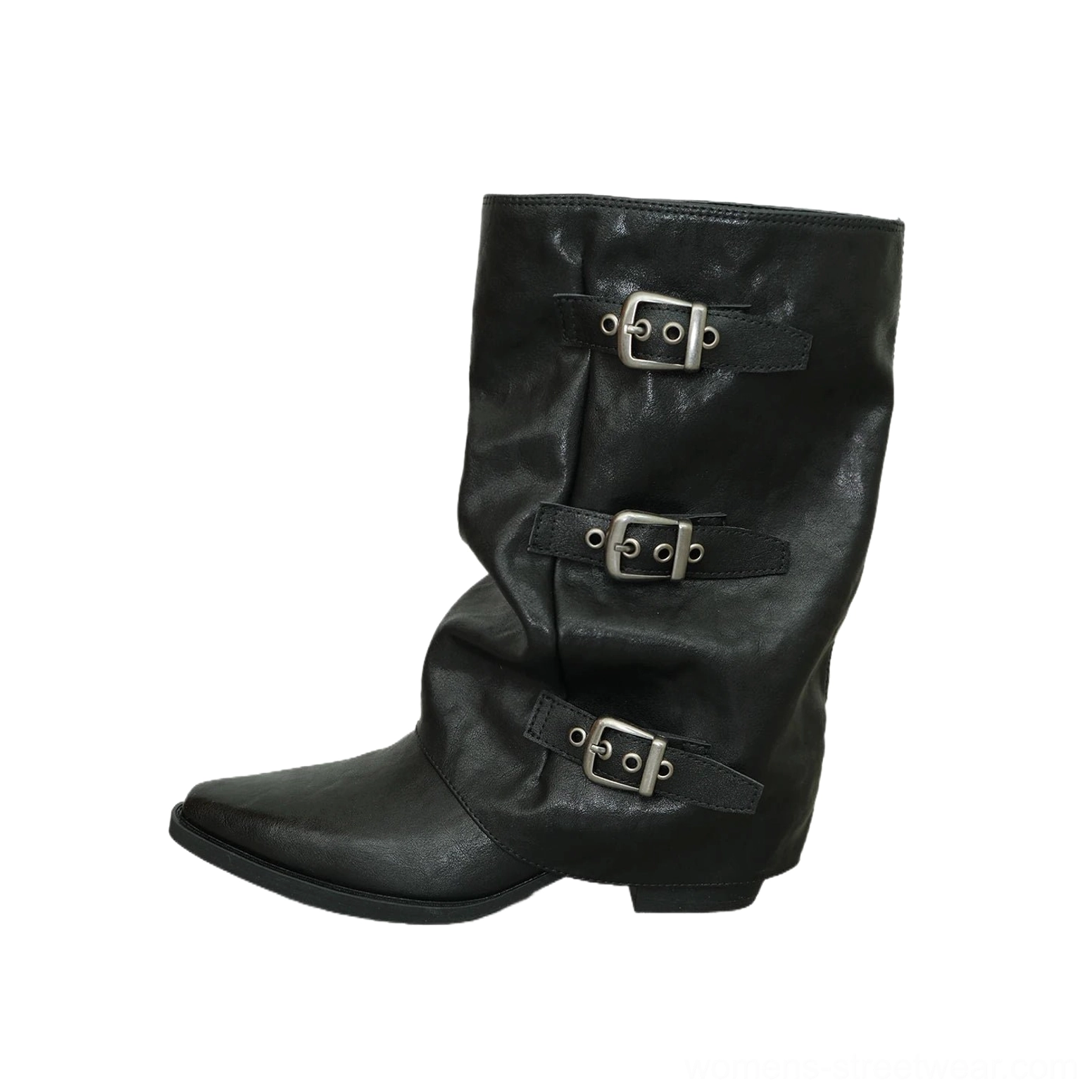 Black triple-buckle slouch mid-calf boots with pointed western toe, silver buckle straps, low block heel, and relaxed streetwear silhouette