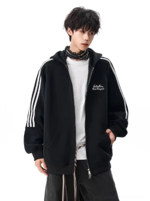 Black oversized zip-up hoodie styled with a white tee and plaid scarf, featuring triple shoulder stripes and relaxed Korean streetwear proportions