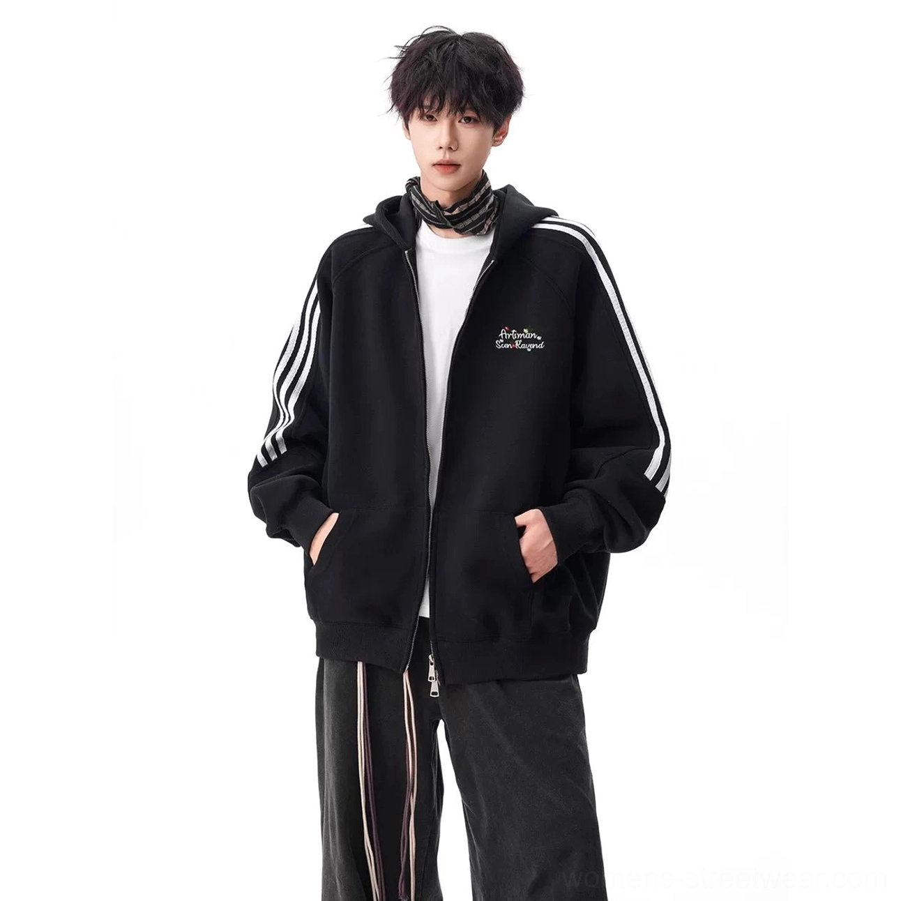 Black triple stripe zip hoodie colorway with oversized hooded silhouette, sporty sleeve detailing, and contemporary Korean streetwear styling