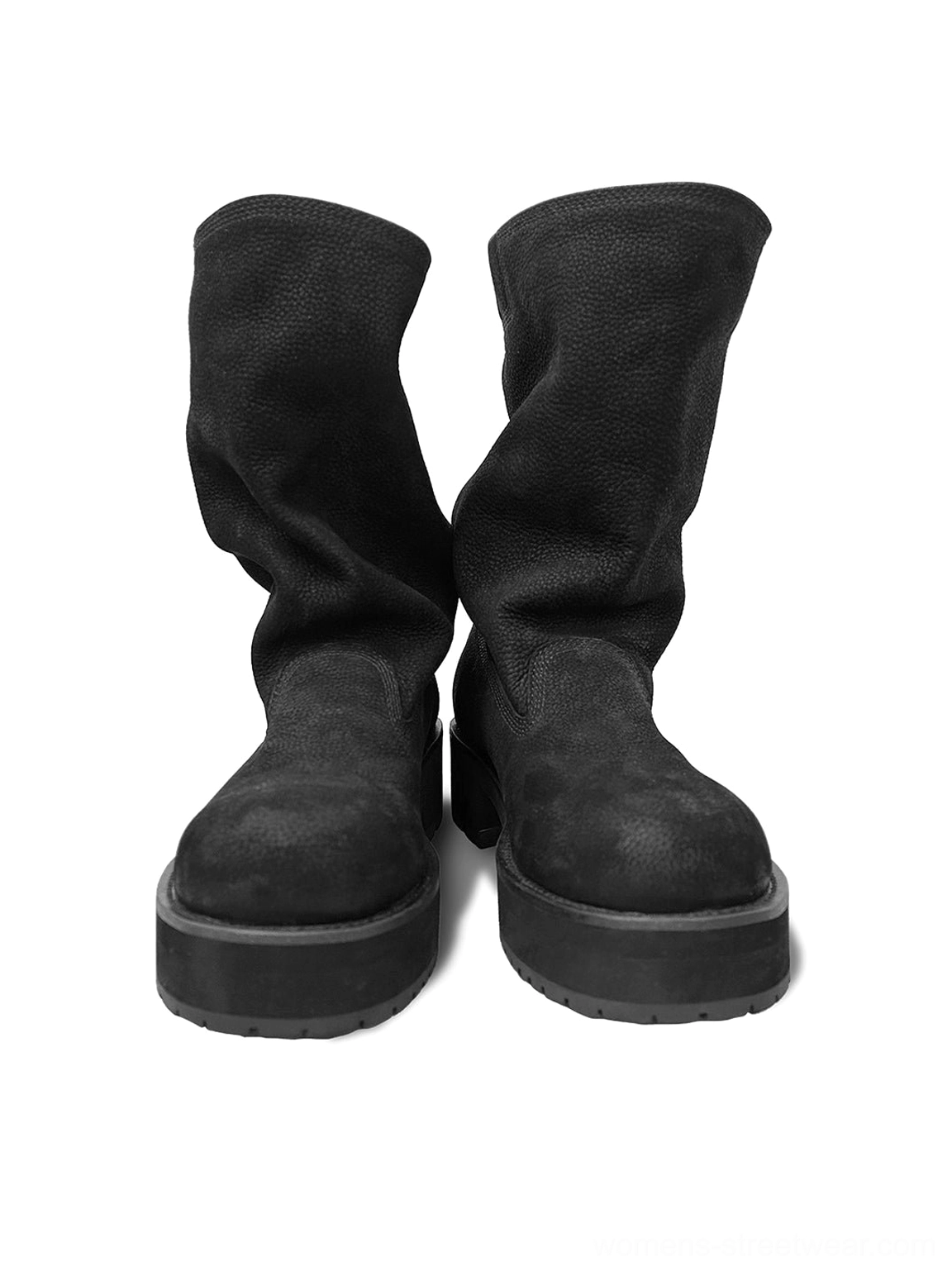 Direct front product display of matching black tumbled leather mid-calf slouch boots with chunky platform heels and matte leather finish
