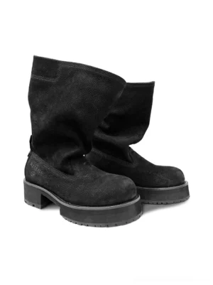 Front view of black tumbled leather slouch mid-calf platform boots with rounded toes, relaxed fold-over shafts, and chunky molded streetwear soles