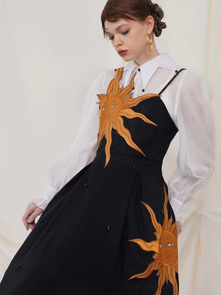 Black twilight sun embroidered asymmetric slip maxi dress product detail for dark romantic streetwear styling