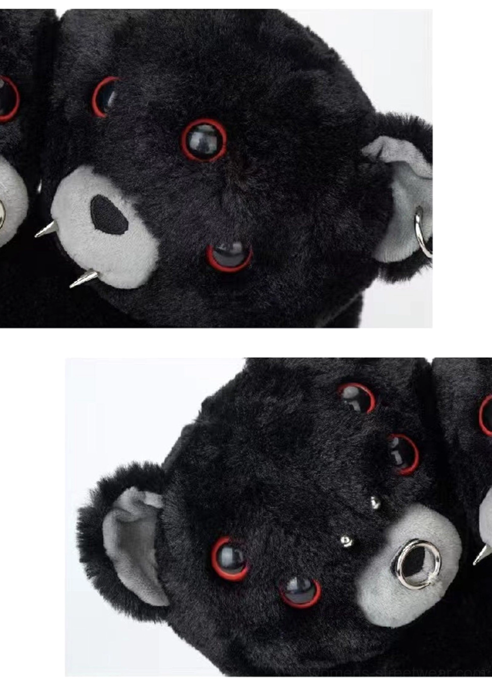 Close-up details of black twin evil bear faux fur mini backpack showing fluffy fur red ring eyes grey ears and metal piercings