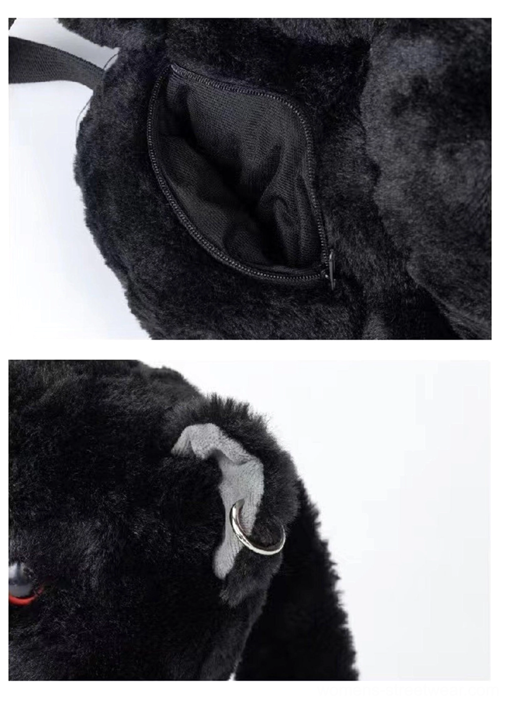 Black twin evil bear faux fur mini backpack with red eyes and punk-inspired facial piercings for Y2K streetwear outfits