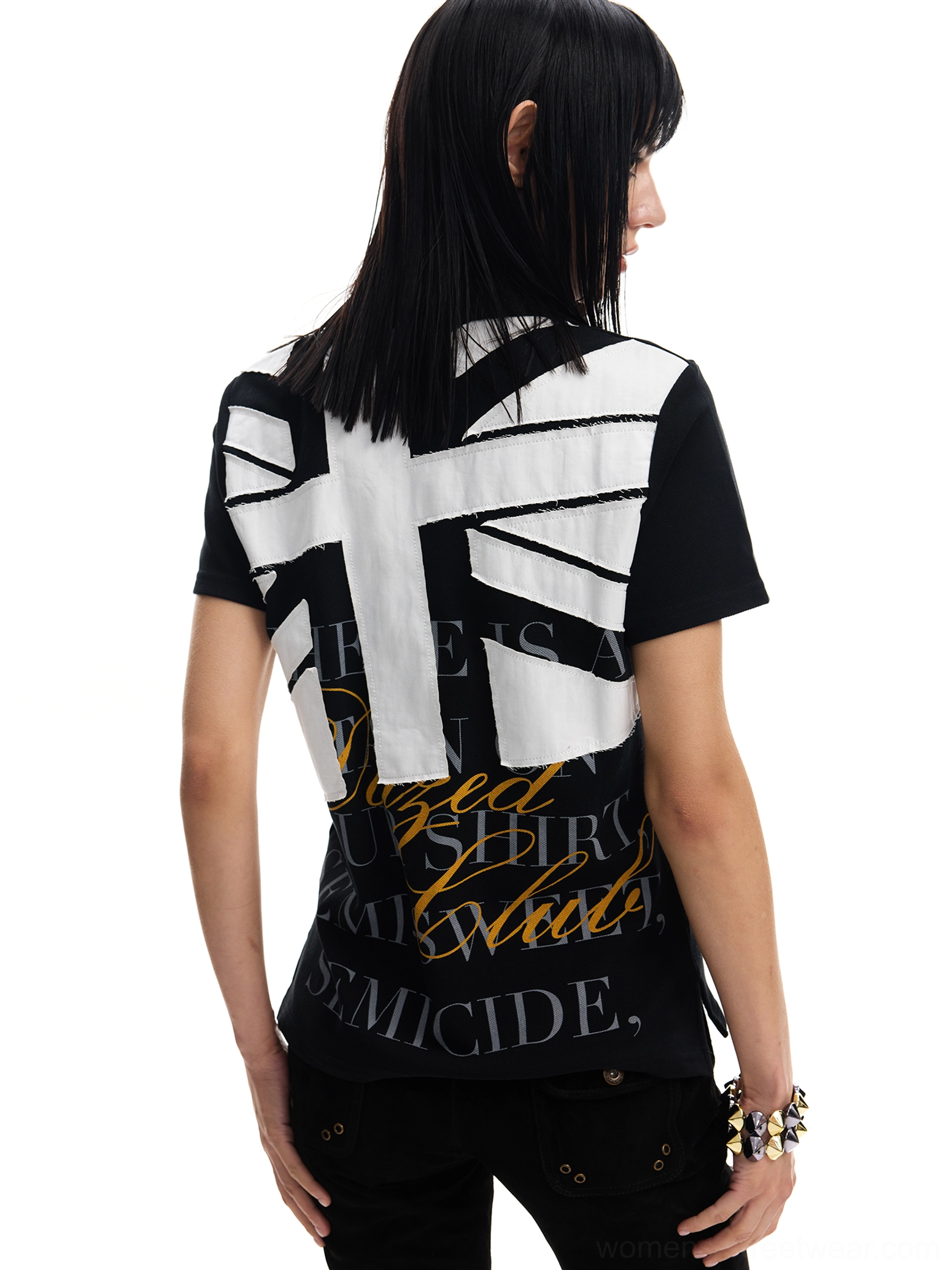 Black graphic back streetwear polo shirt with oversized Union Jack inspired print and layered typography