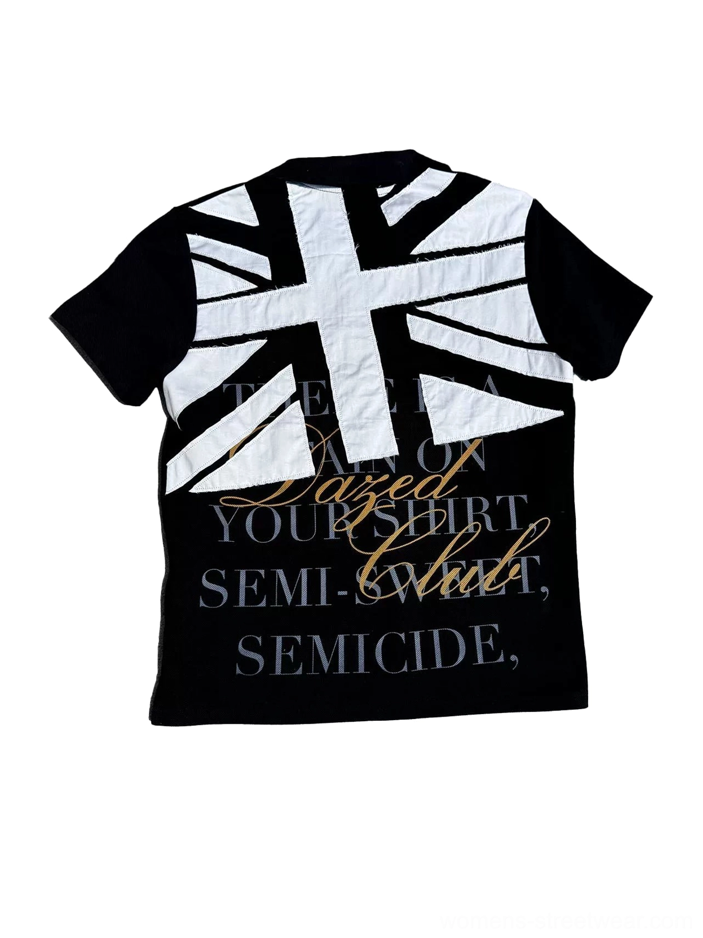 Black cotton pique polo shirt flat lay back view with large Union Jack inspired graphic and gold script print