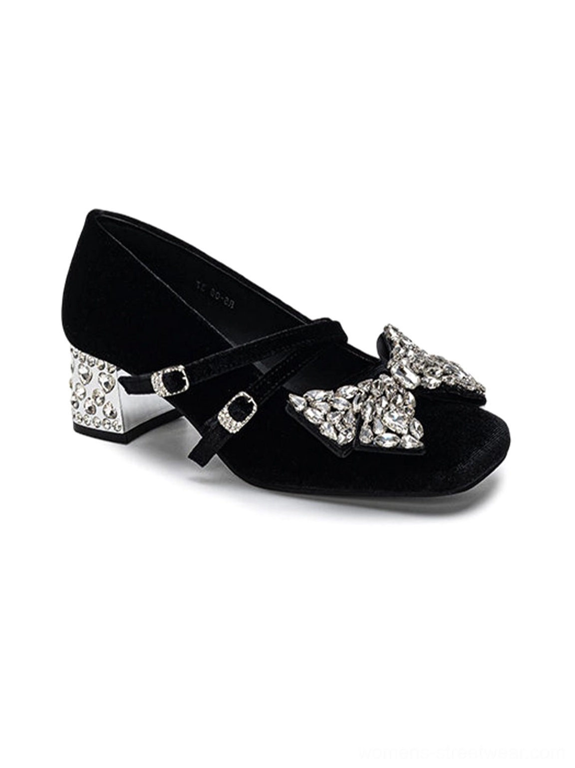 Front view of black velvet crystal bow block heel Mary Jane pumps with square toe and double straps