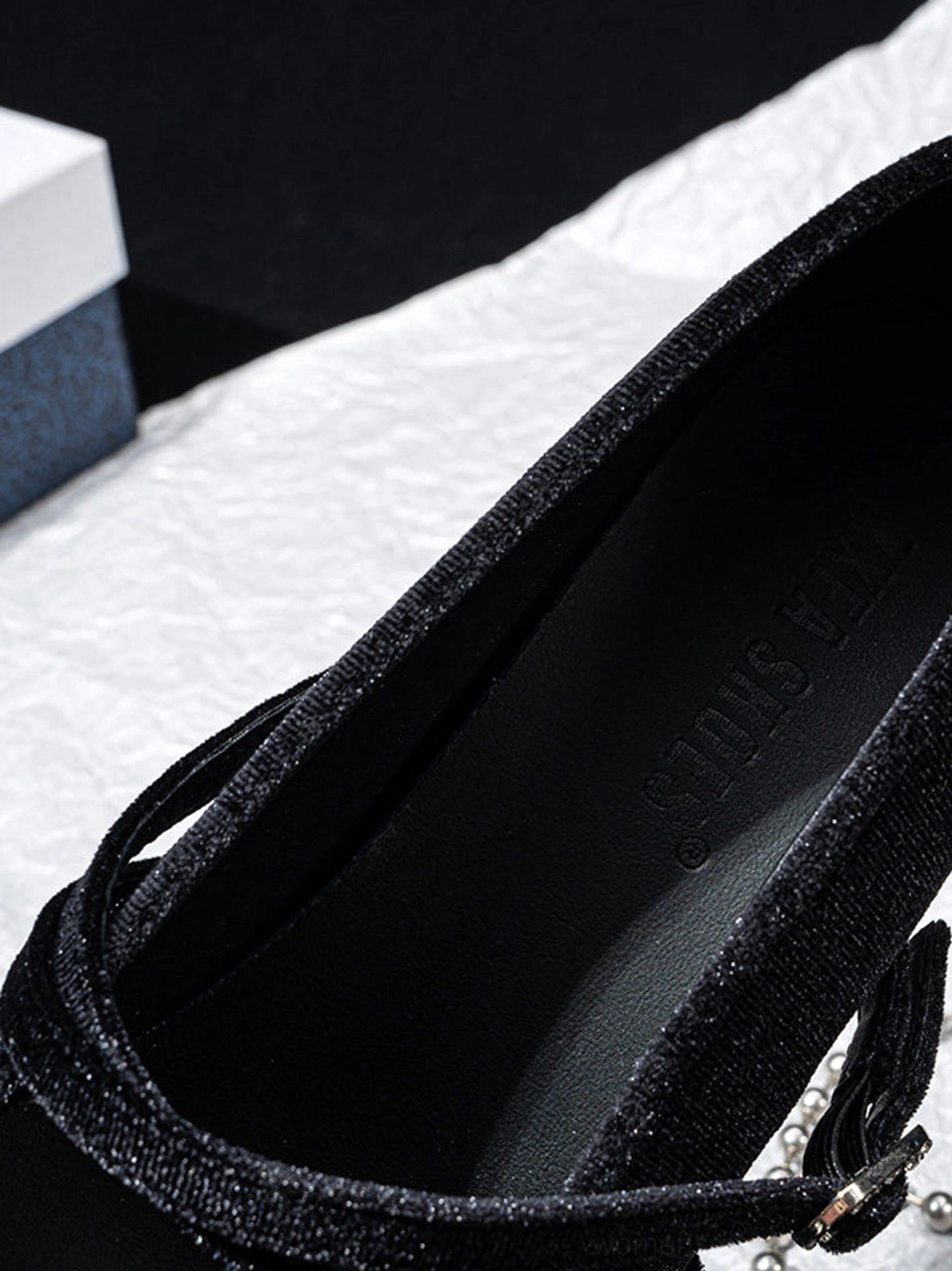 Black velvet crystal bow block heel Mary Jane pumps full product view for dark coquette style