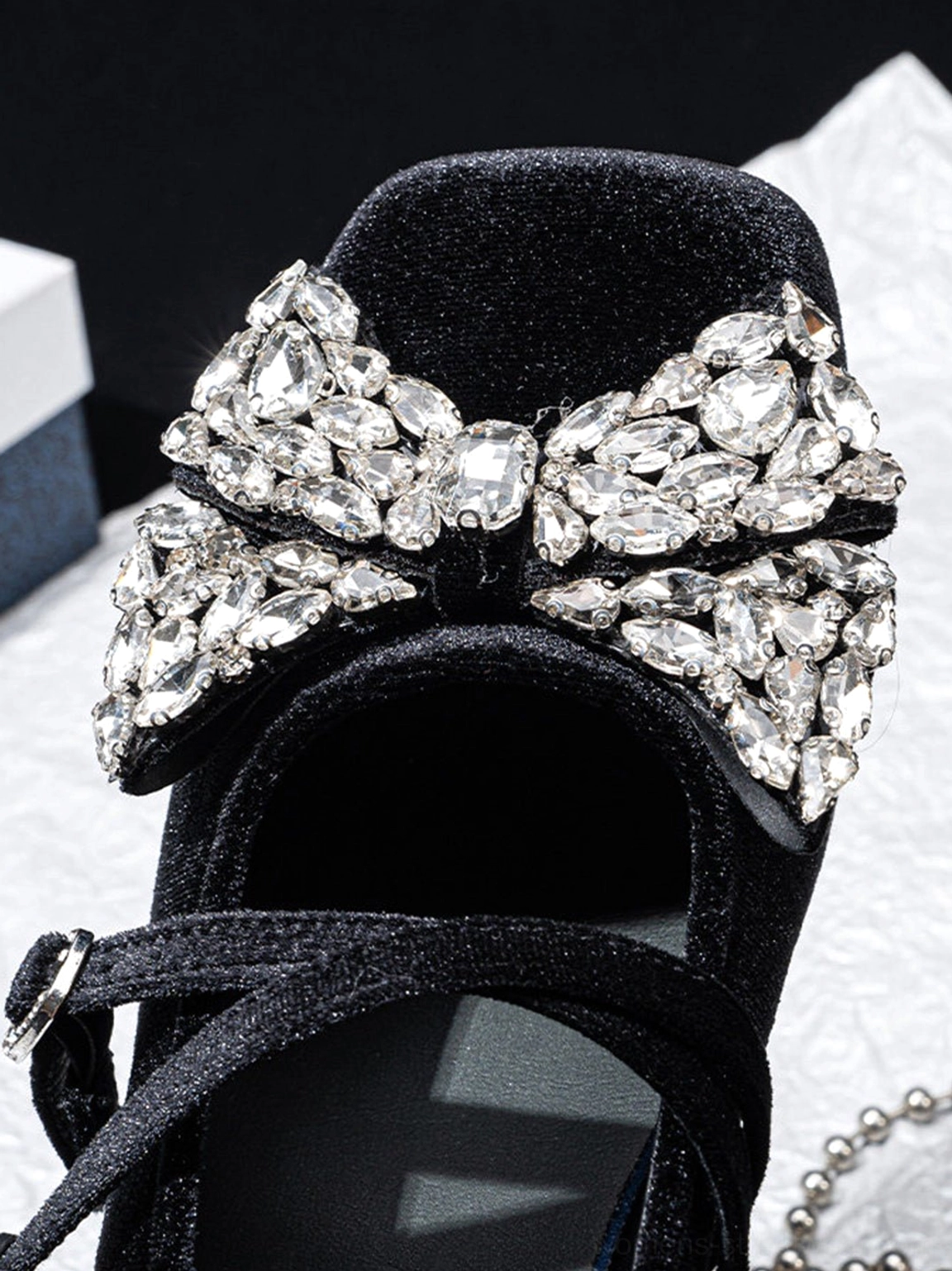 Black velvet crystal bow block heel Mary Jane pumps rhinestone embellished fashion shoe view