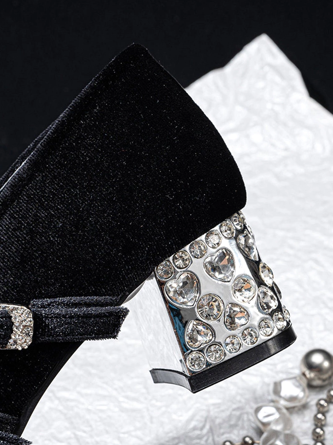 Black velvet crystal bow block heel Mary Jane pumps square toe and buckle strap detail