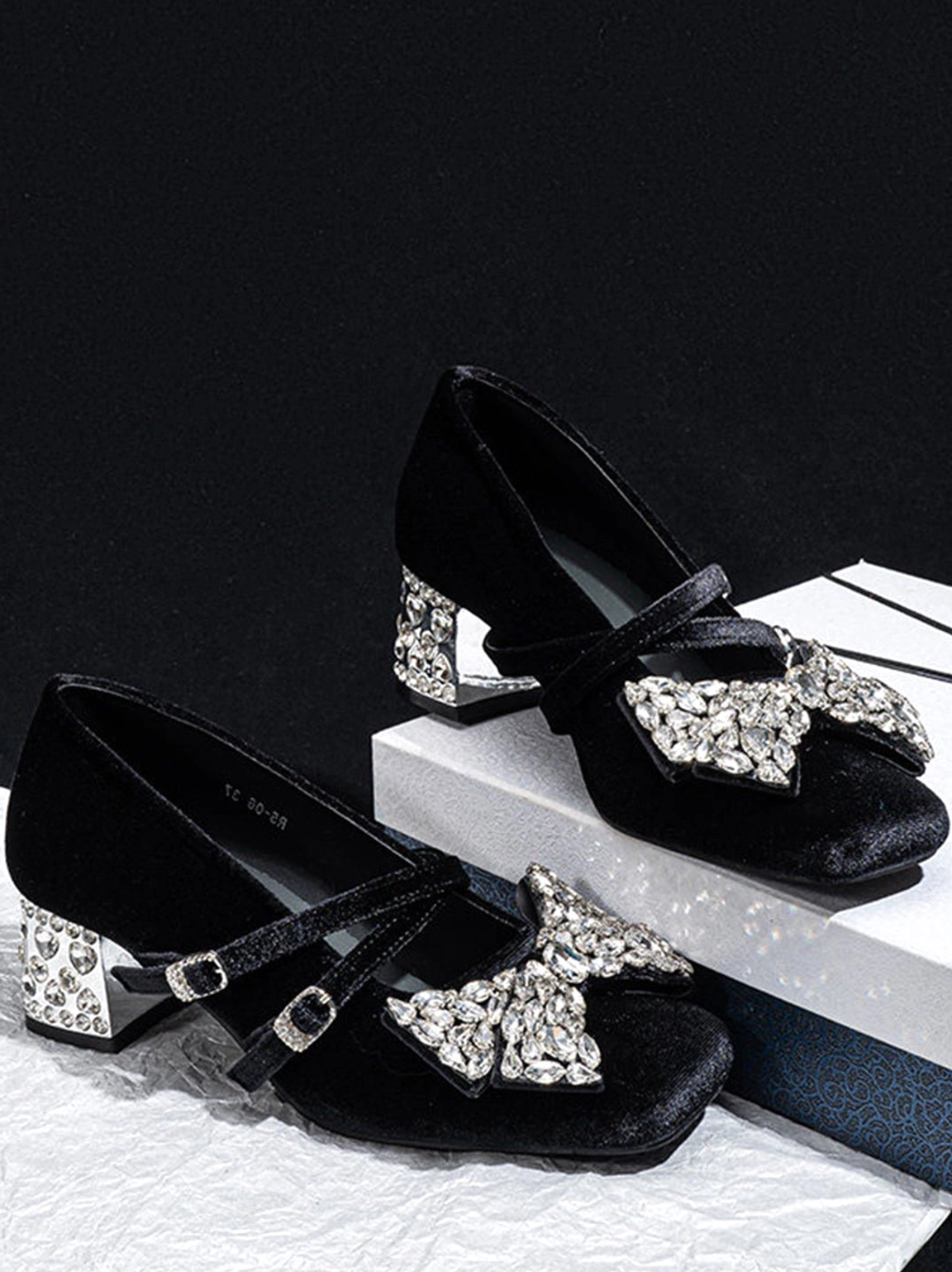 Black velvet Mary Jane pumps with double buckle straps crystal bow and jeweled block heel