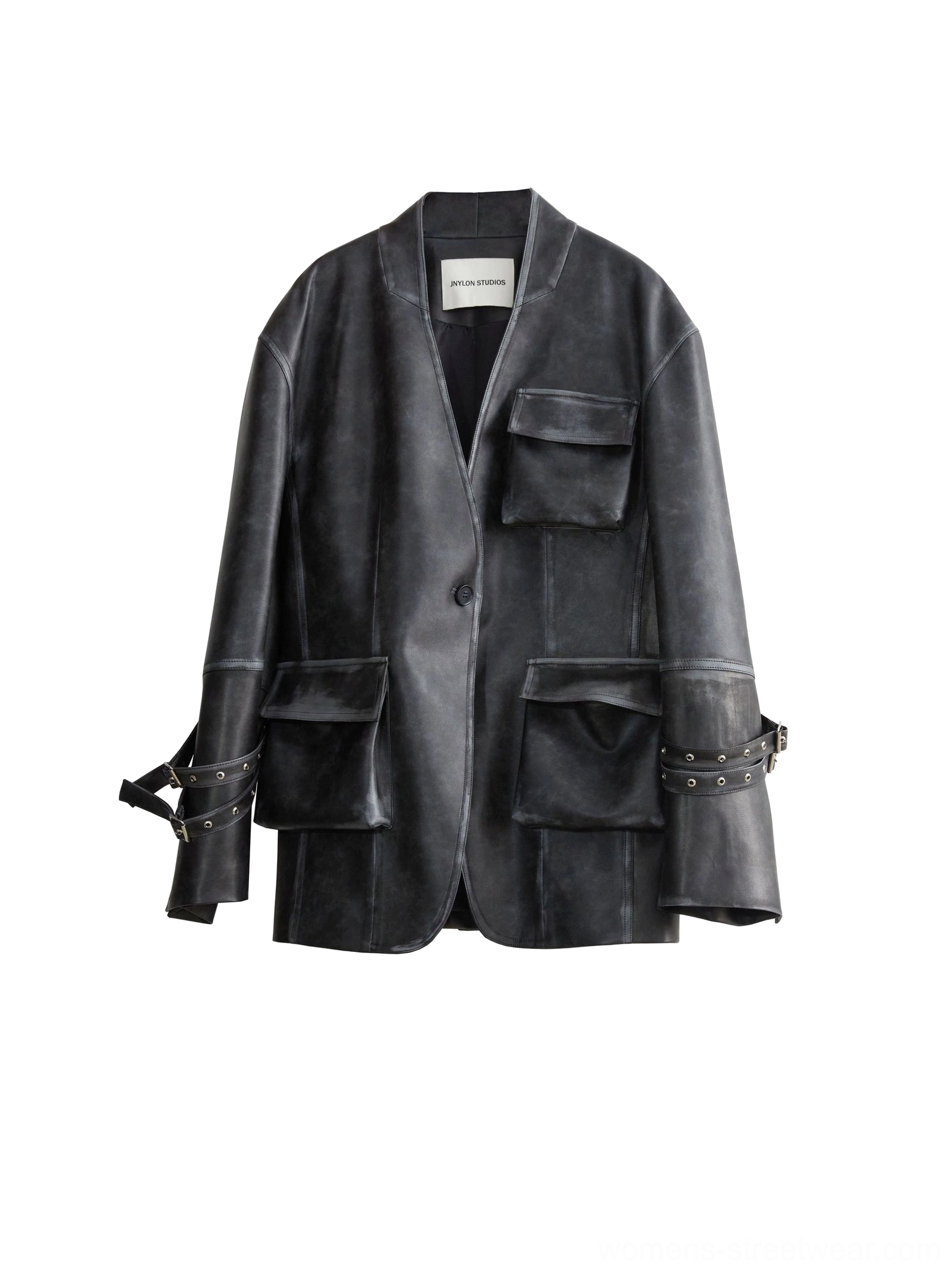 Black vintage PU leather utility jacket featuring 3D cargo pockets, collarless design, adjustable buckle cuffs, and oversized Korean streetwear styling