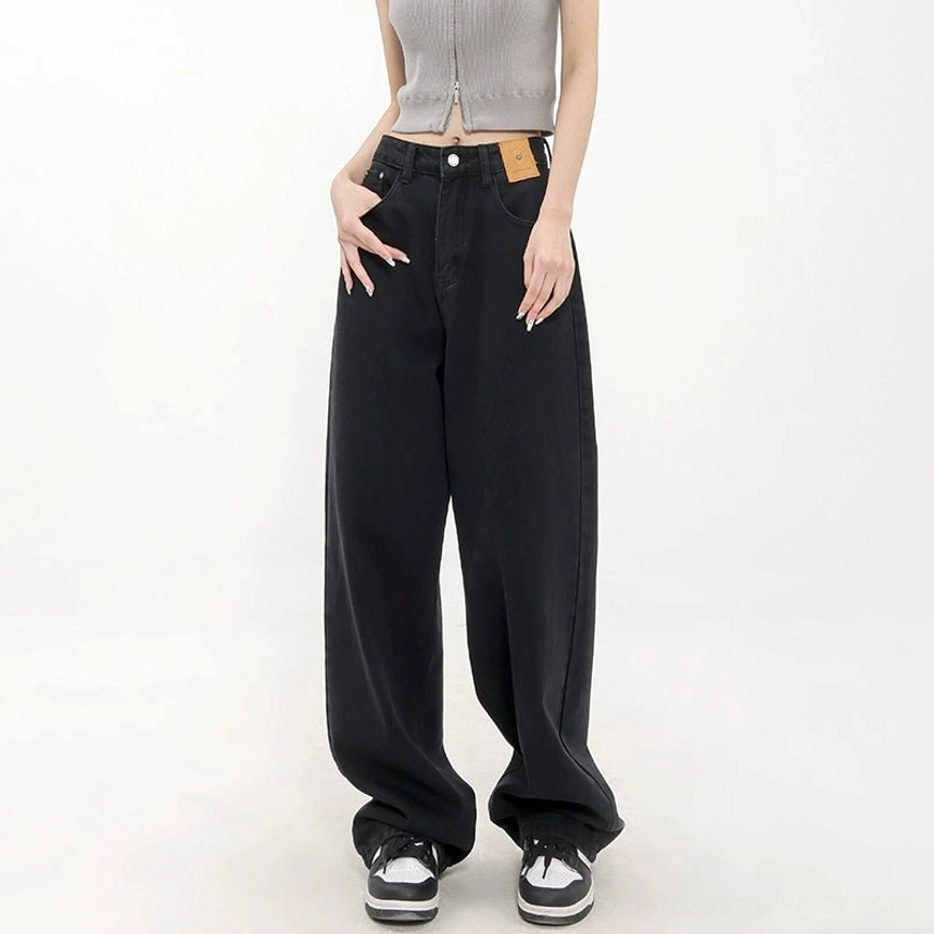Black vintage wash high-waist loose straight-leg floor-length jeans product image