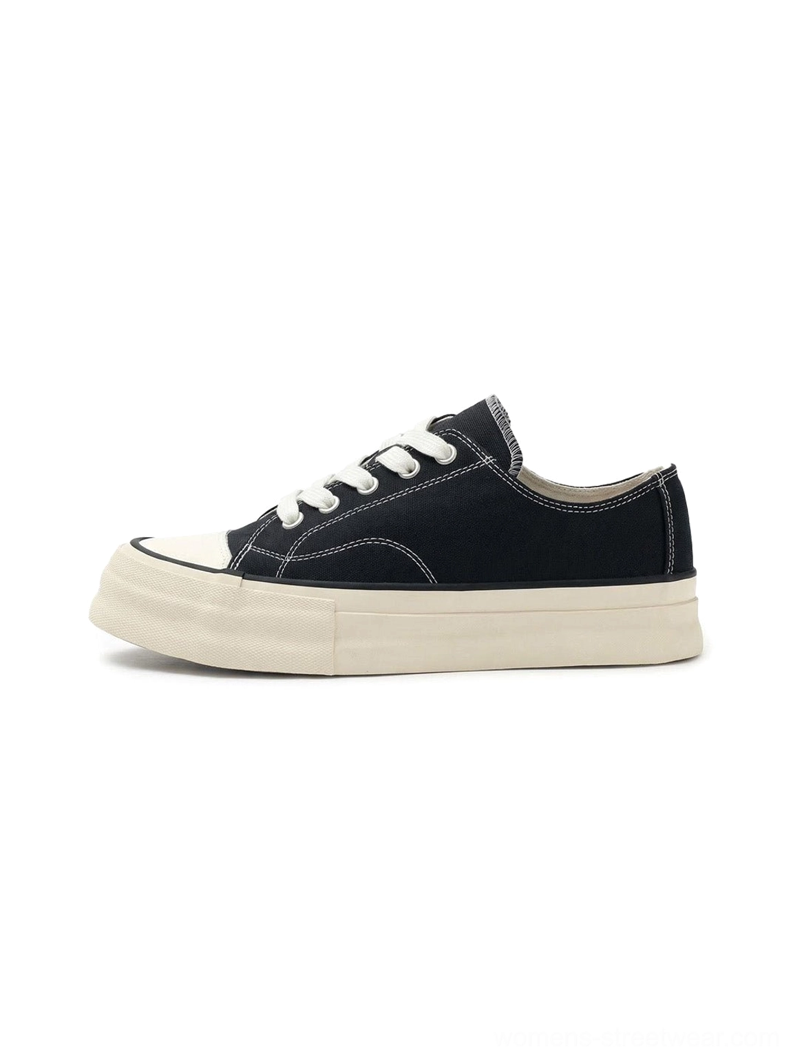Black vulcanized canvas platform low-top sneakers with off-white rubber sole shown in left side product view
