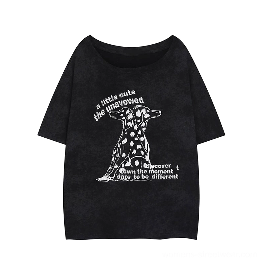 Black washed Dalmatian graphic oversized T-shirt displayed flat with white dog illustration, English slogan lettering and classic loose crew neck
