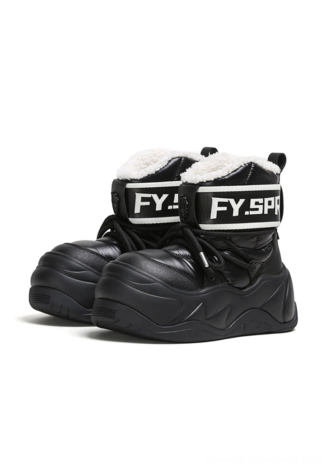 Pair of black water-resistant chunky moon boots with faux fur lining, curved platform soles and adjustable ankle straps