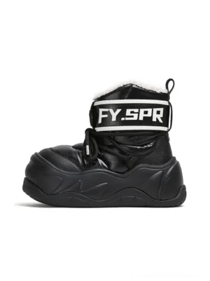 Black water-resistant faux fur chunky moon boots with padded ankle shaft, adjustable strap and sculpted platform sole