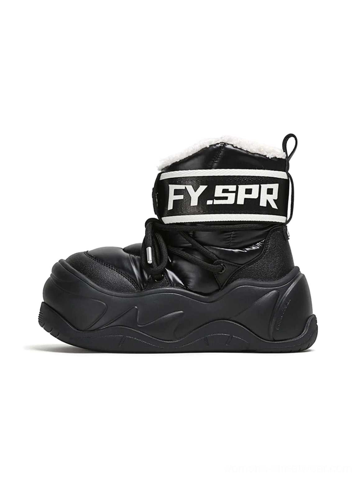 Black water-resistant faux fur chunky moon boots with padded ankle shaft, adjustable strap and sculpted platform sole