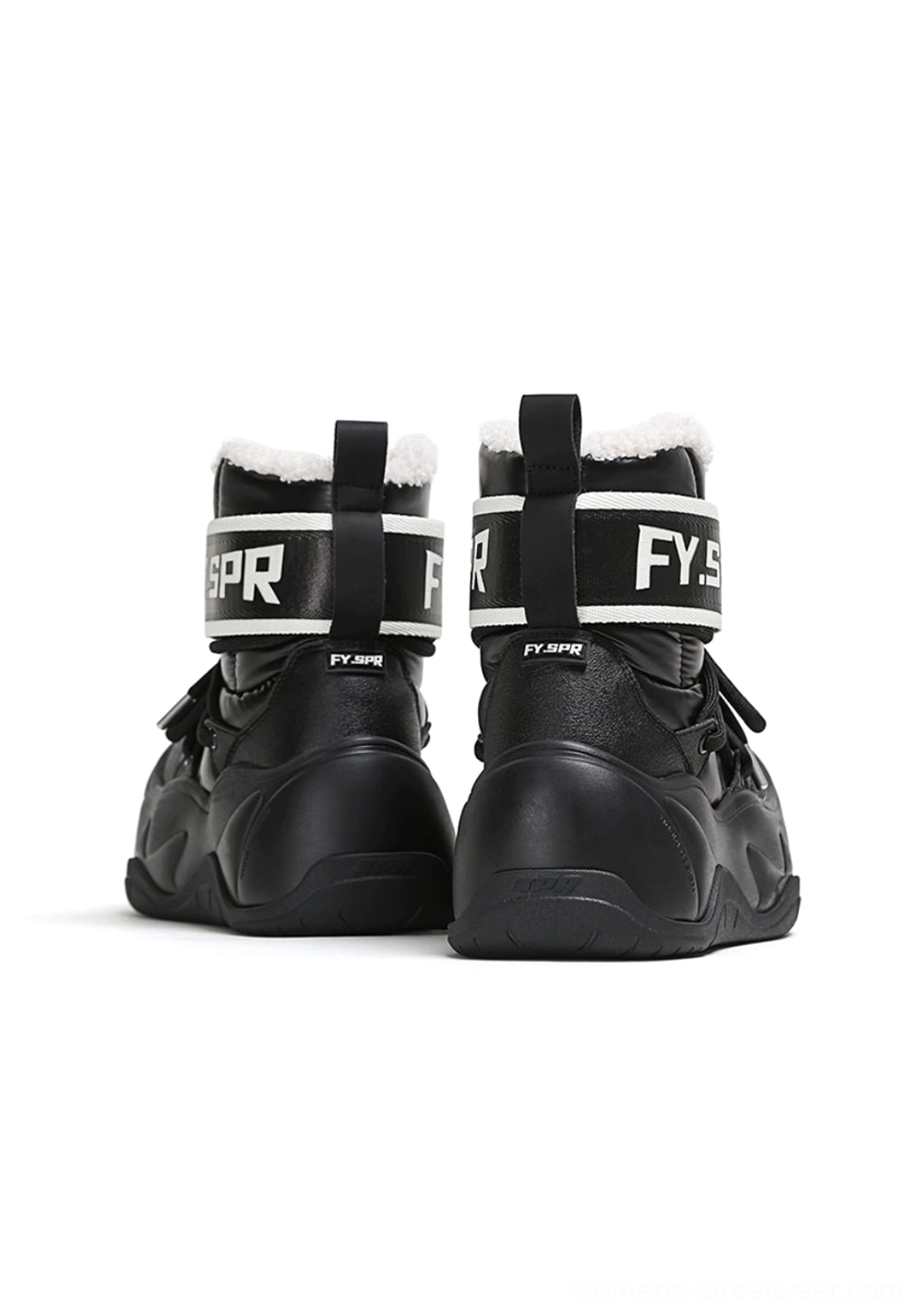 Back and side view of black water-resistant platform moon boots with padded shafts and textured chunky soles