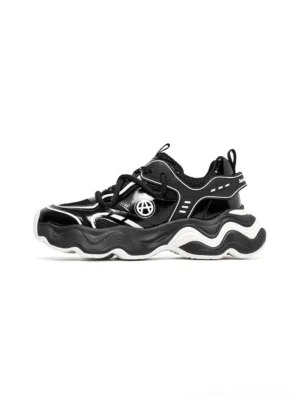 Black wave sole chunky dad sneakers shown in a left side studio view with layered mesh panels, synthetic overlays, side emblem, and thick sculpted outsole