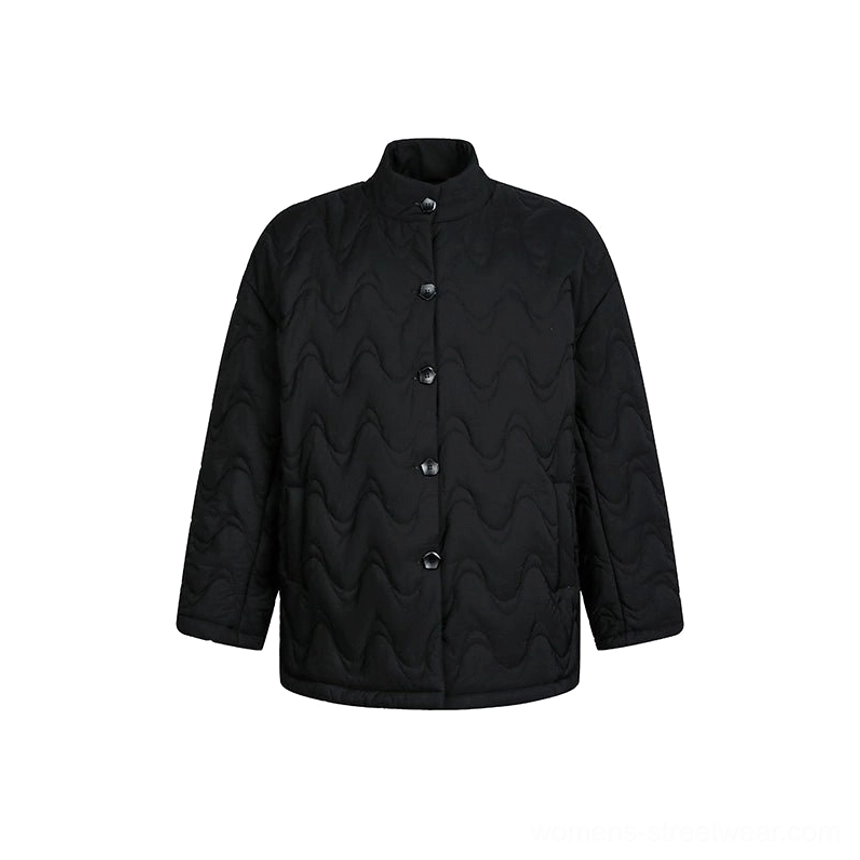 Black wavy quilted stand-collar padded jacket with oversized fit and single-breasted button front