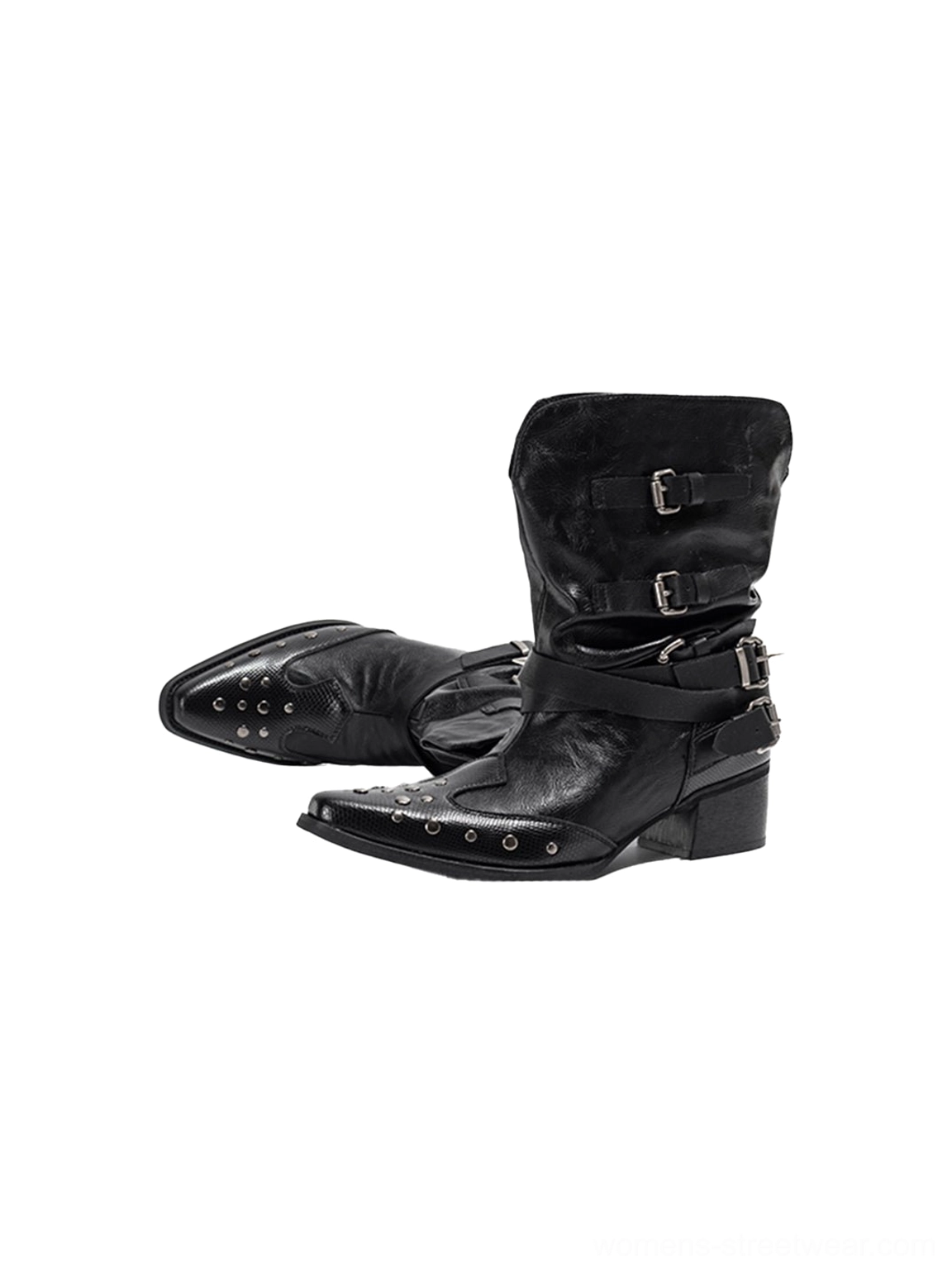 Front pair view of black western boots with pointed studded toe caps and stacked block heels