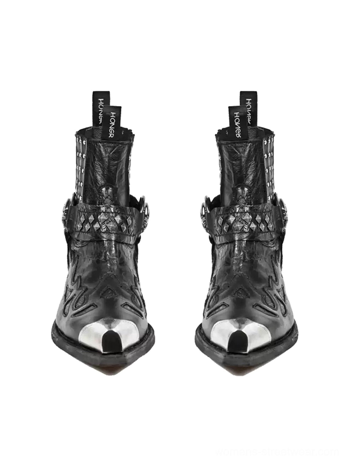 Pair of black western Chelsea boots showing embossed leather uppers silver pointed toe caps and decorative pull tabs