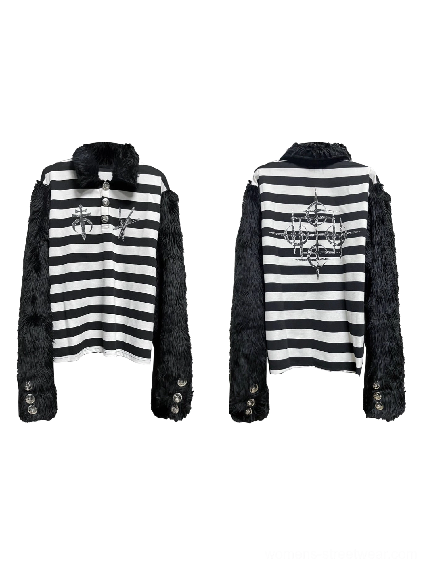 Flat lay front and back view of black and white striped faux fur gothic streetwear shirt with chest and back sigil embroidery and button details