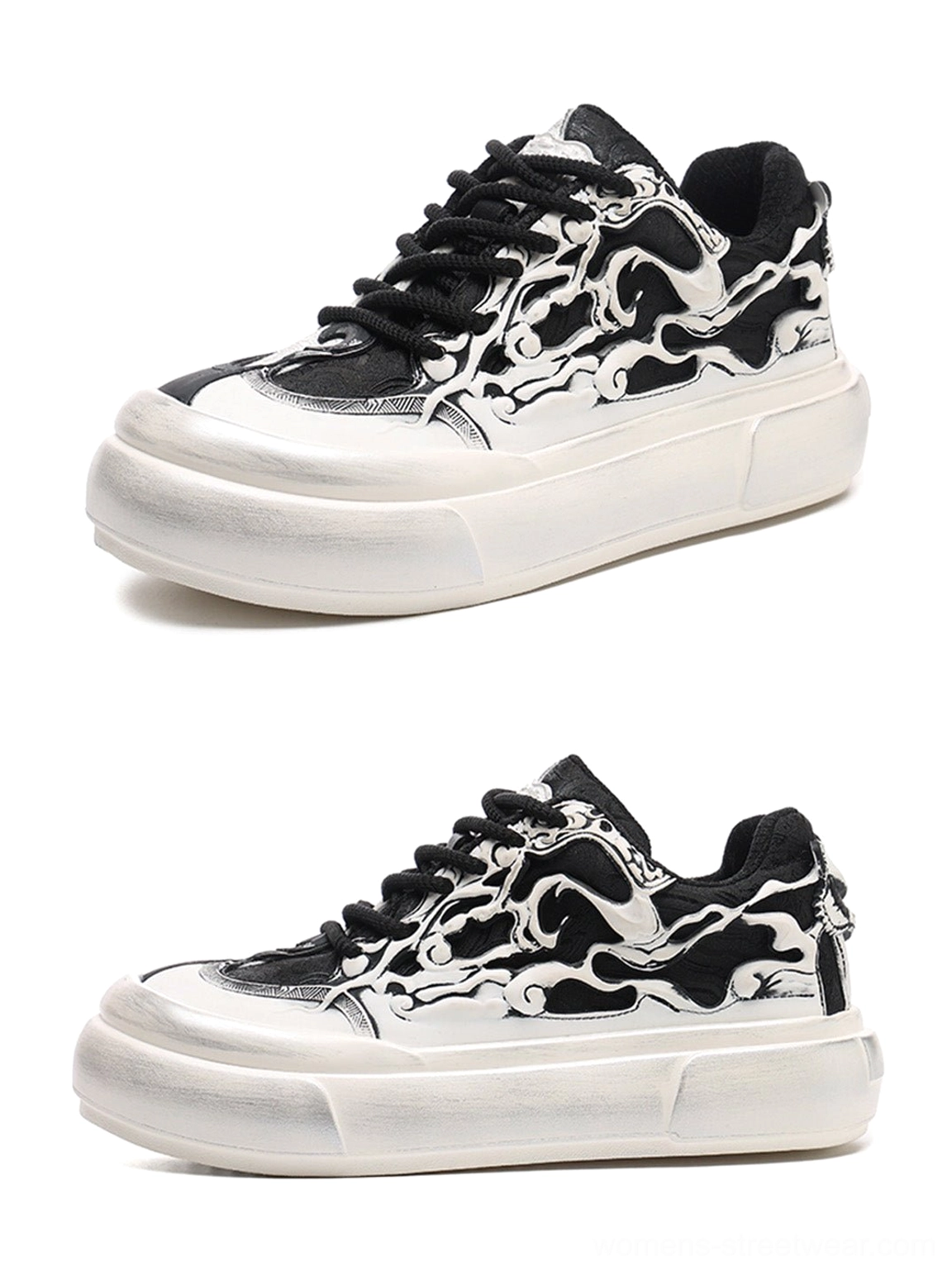 Black and white flame skull platform sneakers for Y2K streetwear with chunky silhouette graphic upper and thick platform sole