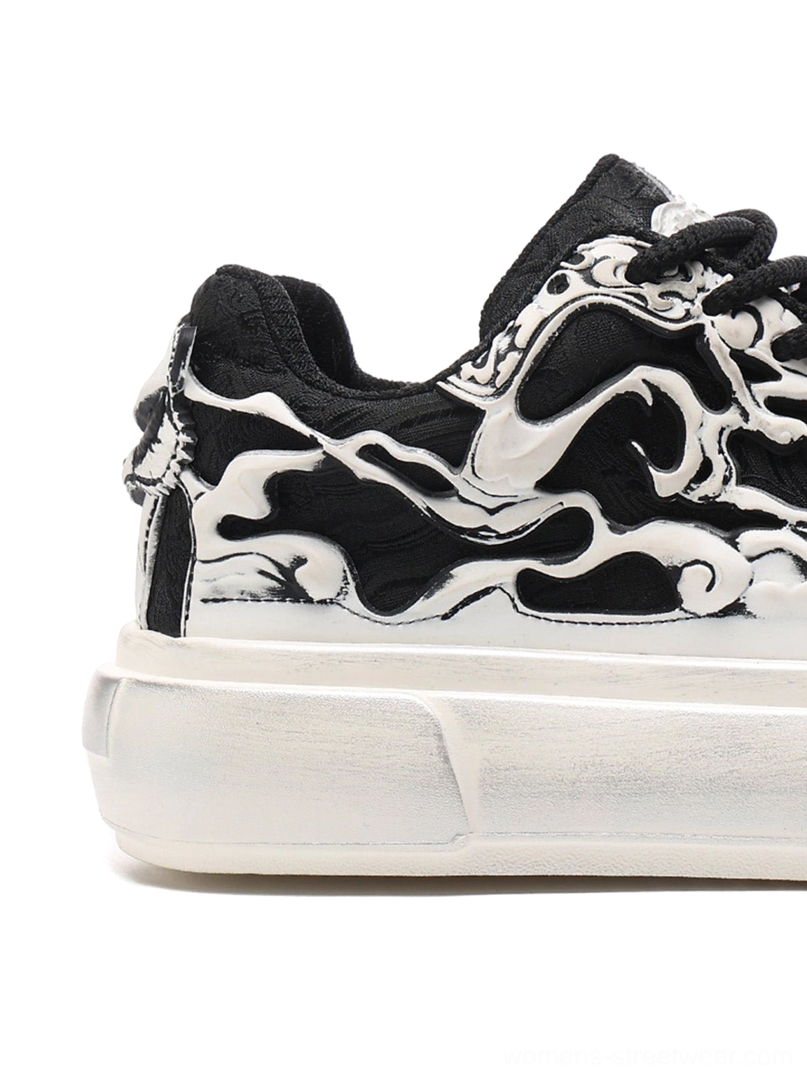 Black white flame skull sneakers designed for Korean street style alternative fashion and bold Y2K platform sneaker outfits