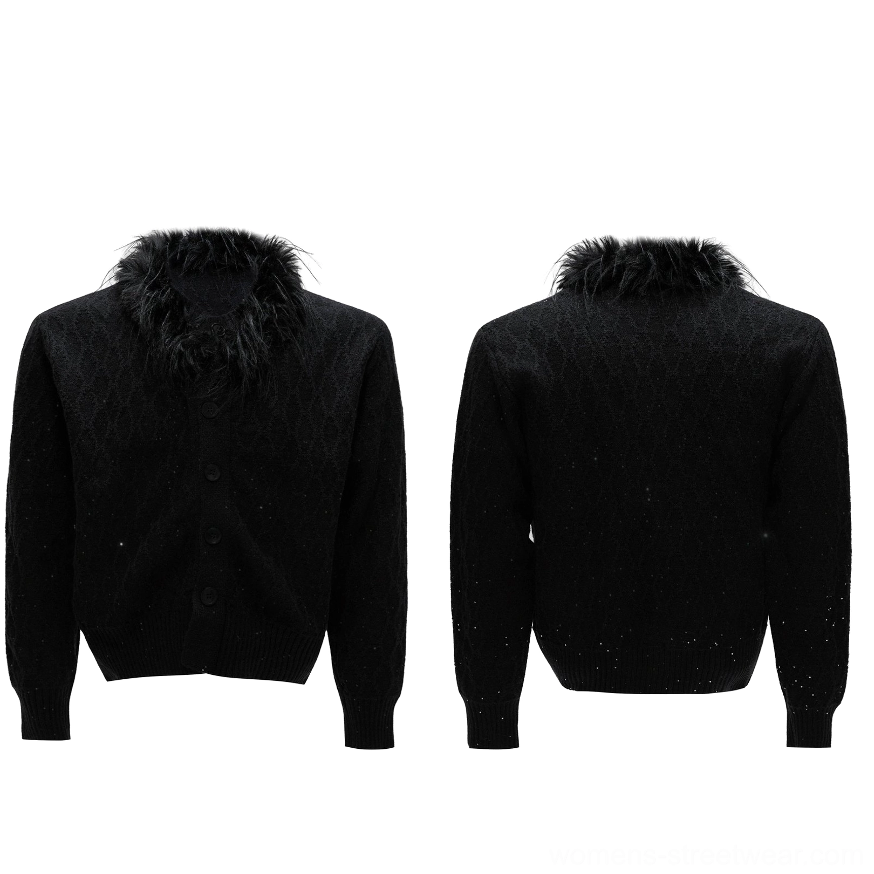Black and white glitter cable knit cardigans with detachable faux feather collars shown in front and back flat views