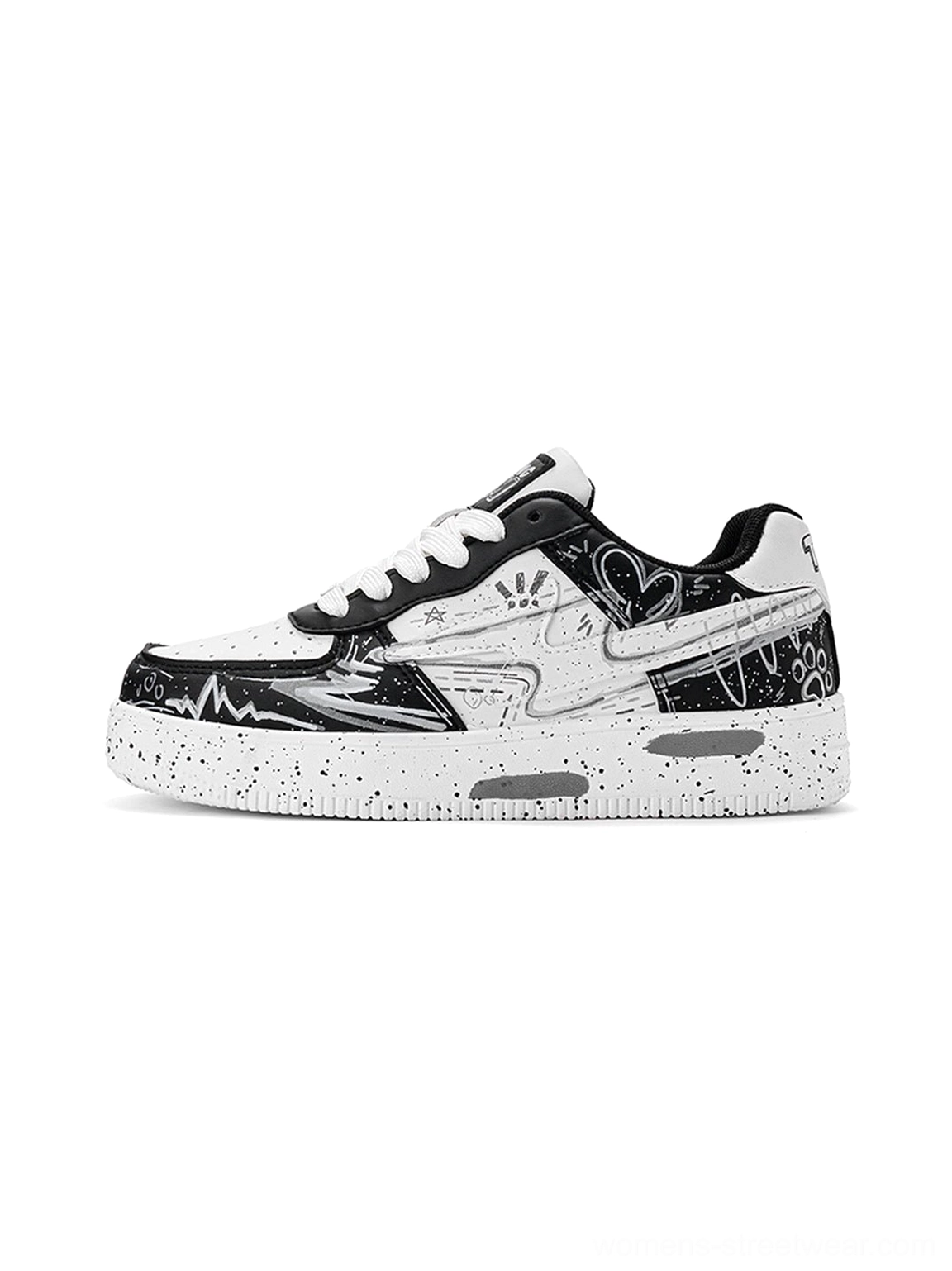 Black white graffiti lightning low-top court sneakers with bold abstract street art print and low-profile court sole