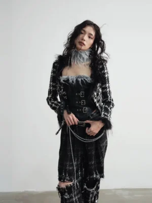 Black and white houndstooth cropped jacket with shaggy faux-fur neckline, structured shoulders, and tailored Korean streetwear silhouette