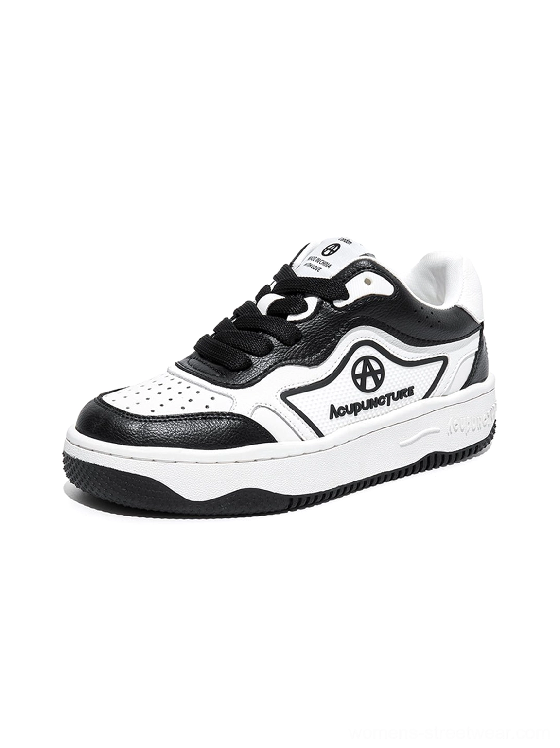 Single black and white logo skate sneaker shown from the side with a structured upper, lace-up front, and thick rubber outsole