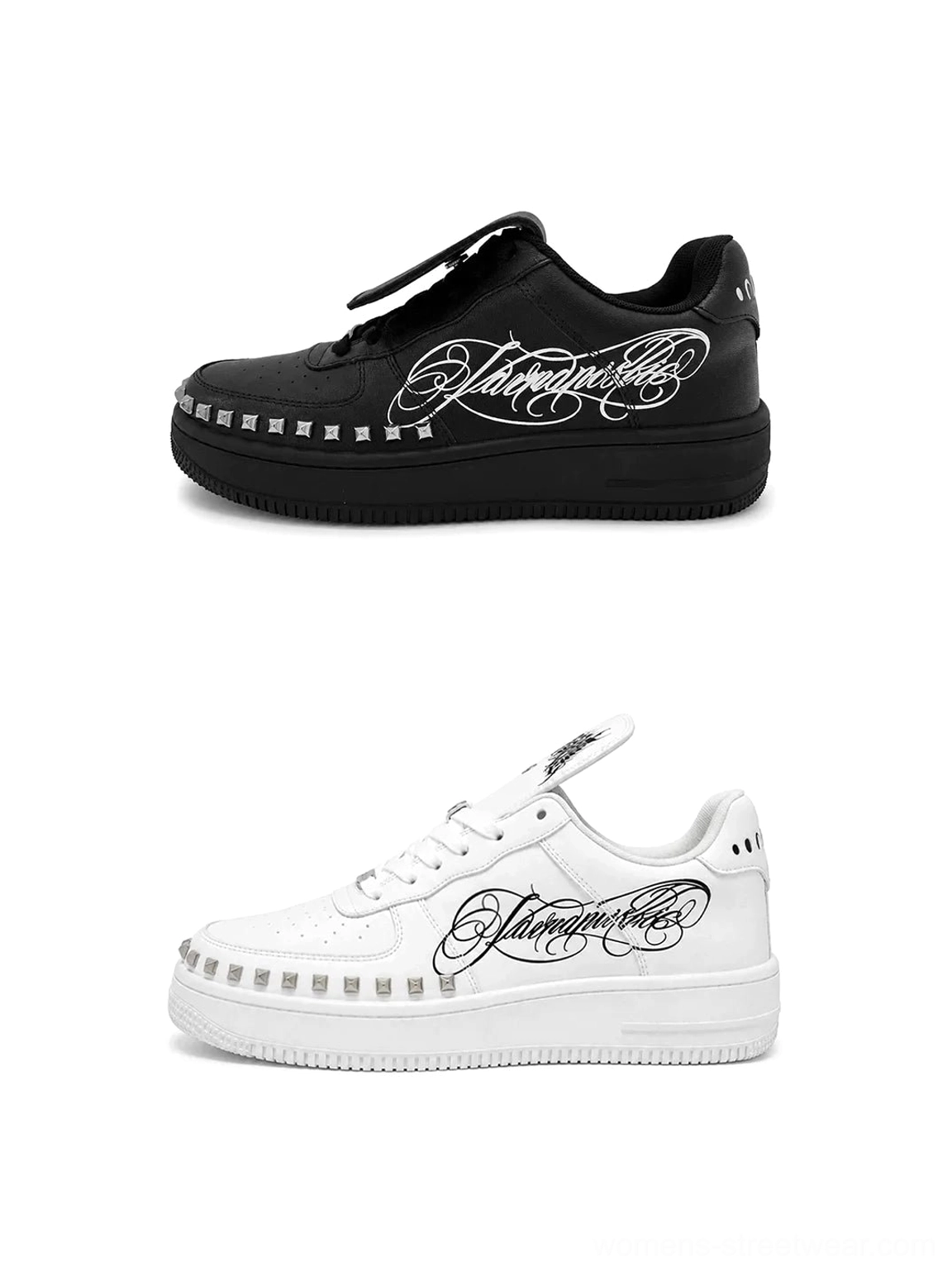 Matching black and white low top chunky leather sneakers with cursive tattoo side graphics and studded midsoles shown together