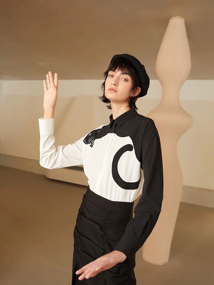 Black and white panther blouse product image for modern Korean fashion and everyday streetwear outfits