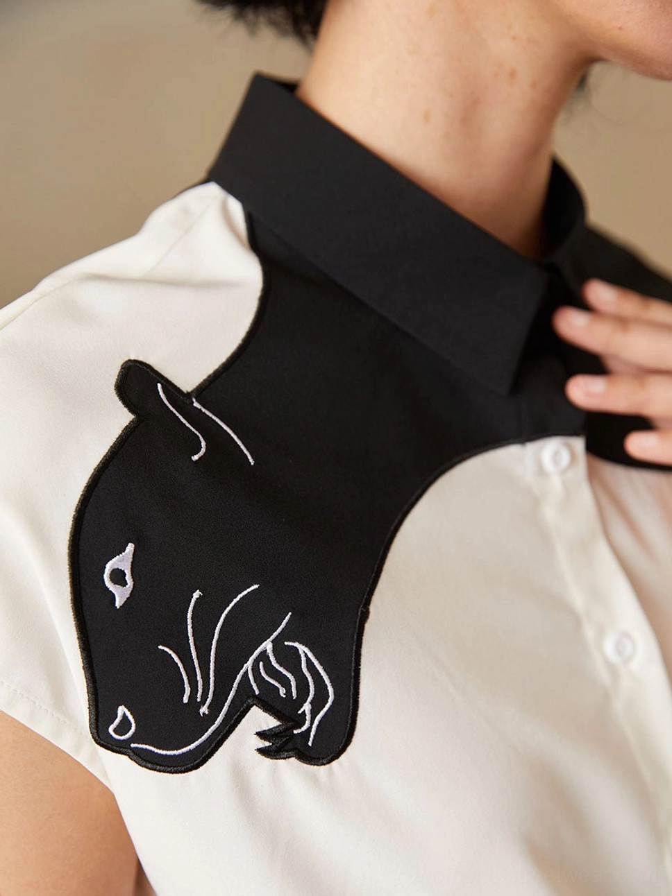 Black white panther color block blouse product image for expressive everyday Korean street fashion