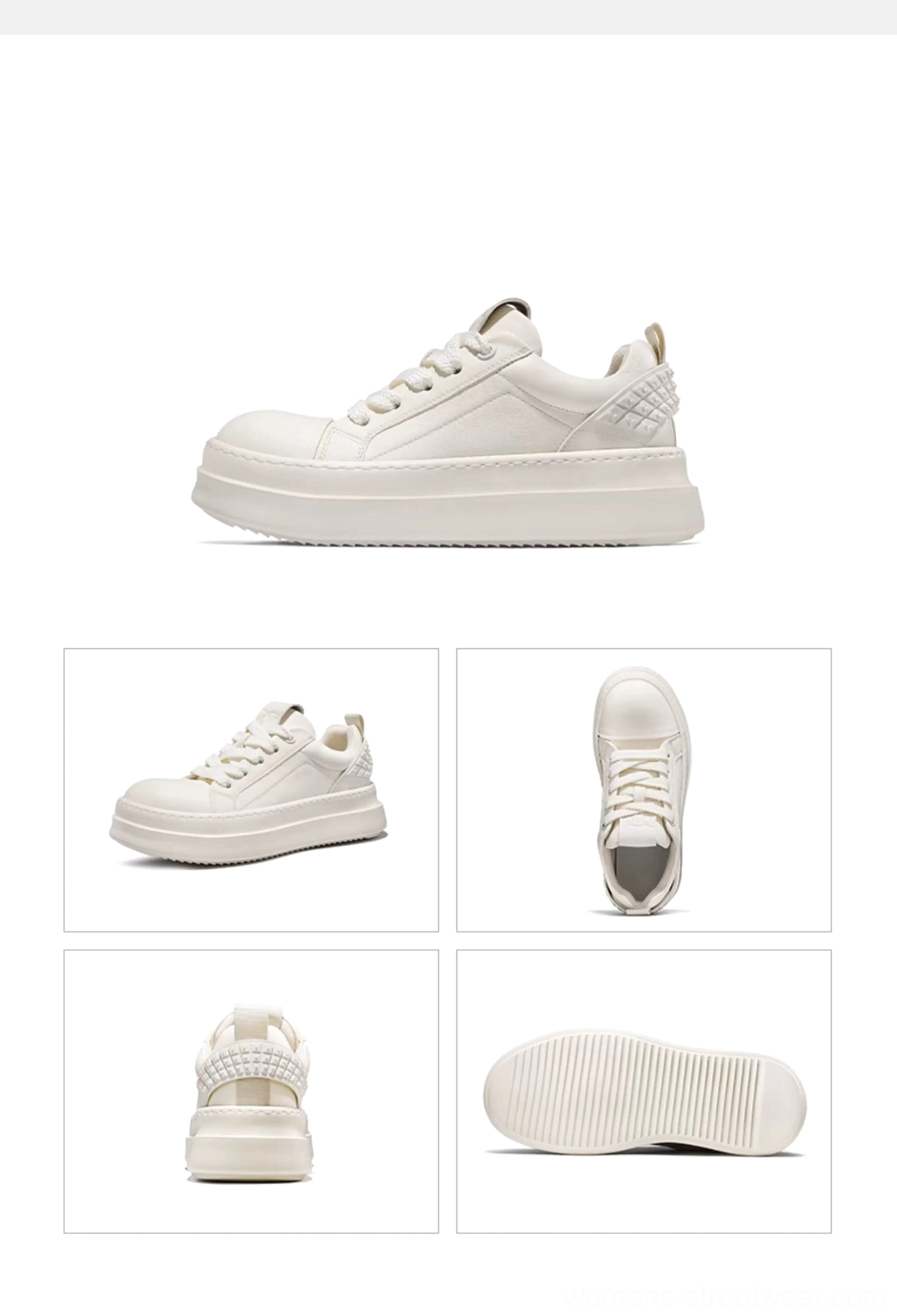 Rear three-quarter view of black and white platform sneakers with quilted heel counter and thick sole