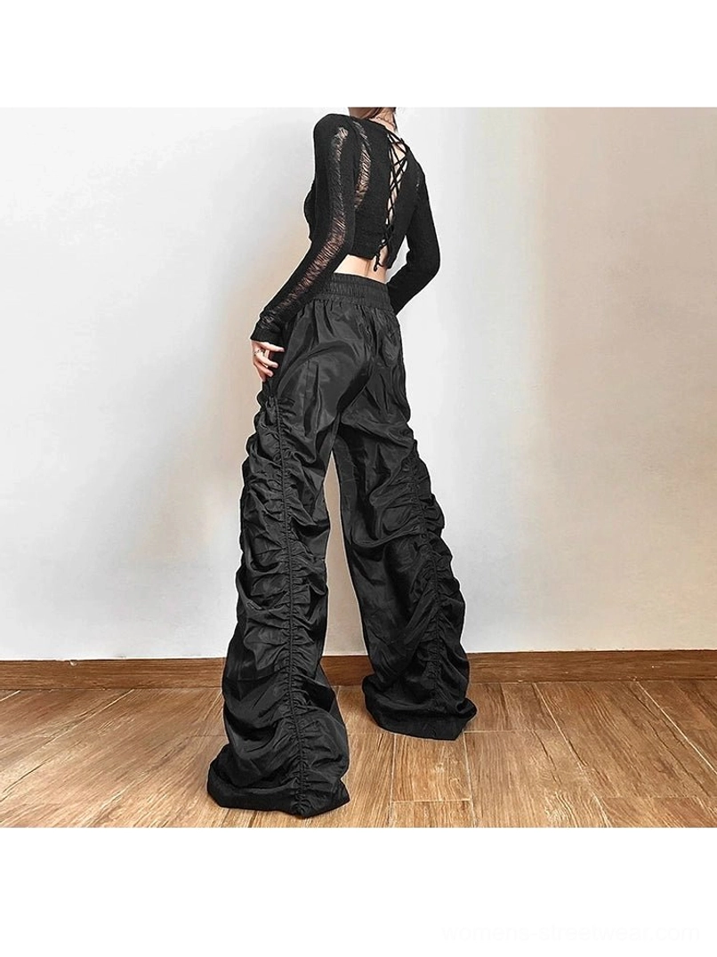 Black and white ruched high-waist wide-leg streetwear cargo pants product image with adjustable drawstring waist
